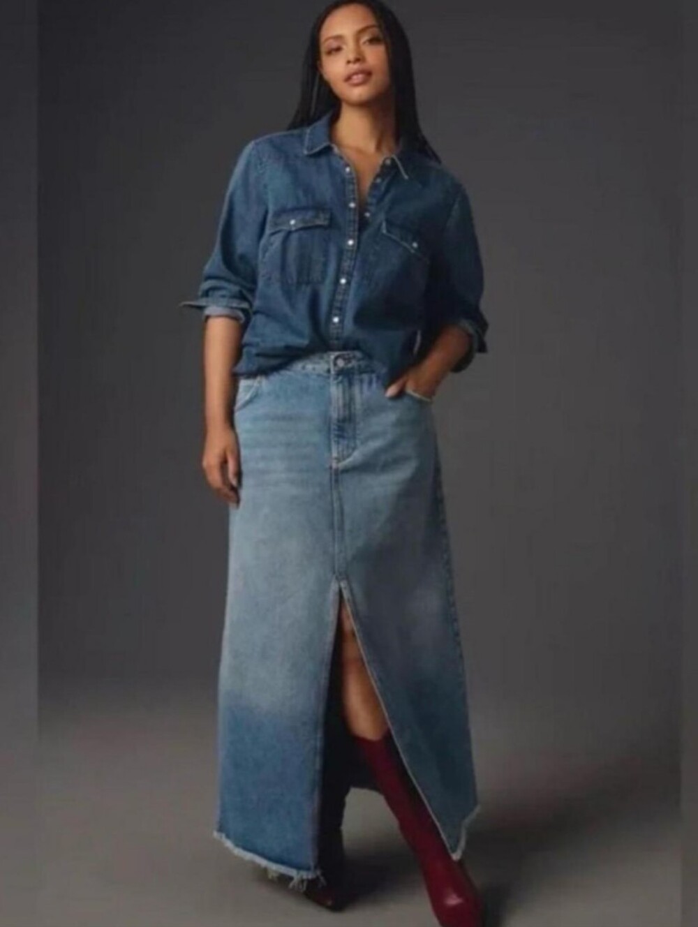 Pilcro Denim Maxi Skirt With Front Slit